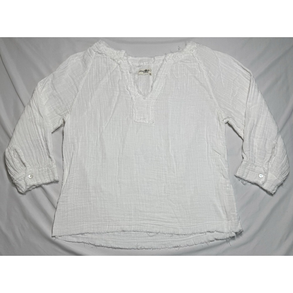 Natural Life Cotton Gauze Top Small White Raw Hem V-Neck 3/4 Sleeve Boho Shirt